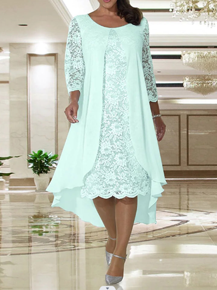 Ladies' elegant chiffon lace dress with high-low overlay and three-quarter sleeves StylebySassy