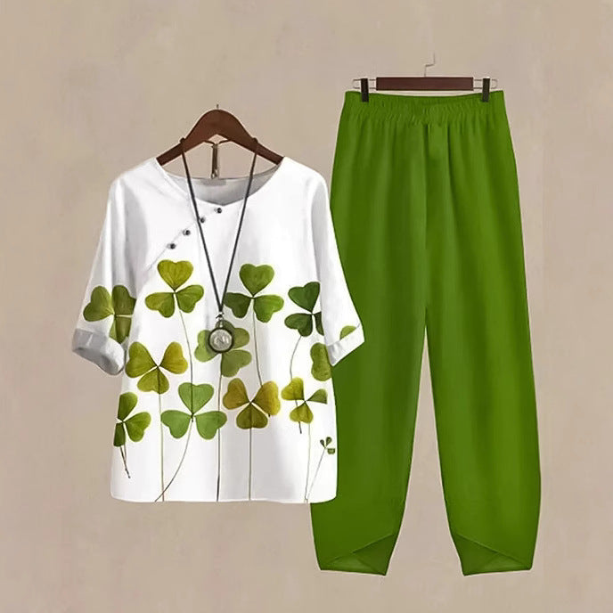 Women's two-piece casual ensemble with clover print tunic and elastic comfort waistband pants StylebySassy