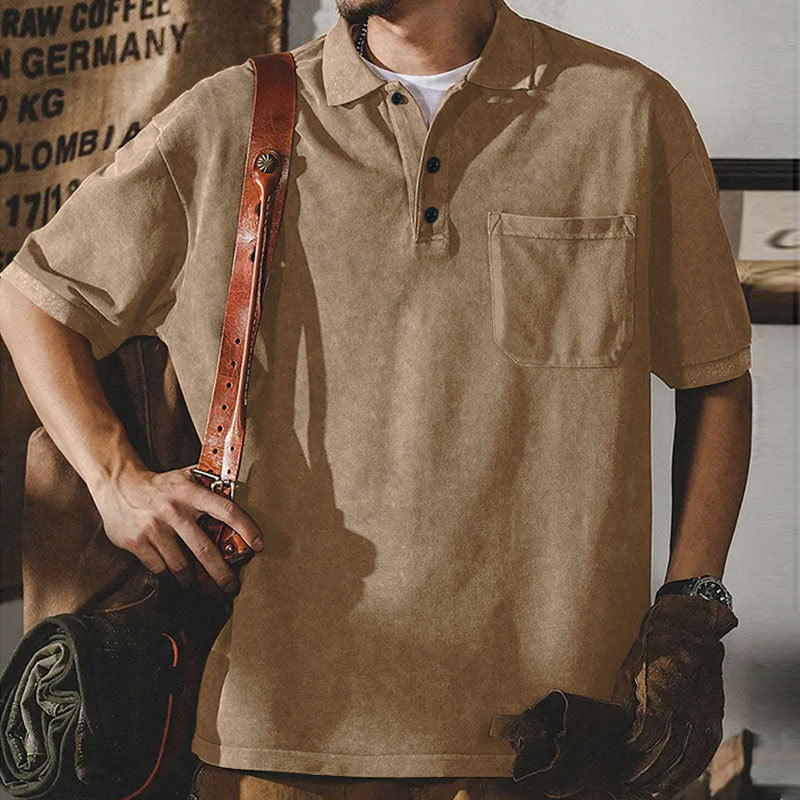 Men's loosely cut cotton polo shirt with a patch chest pocket and short button placket StylebySassy