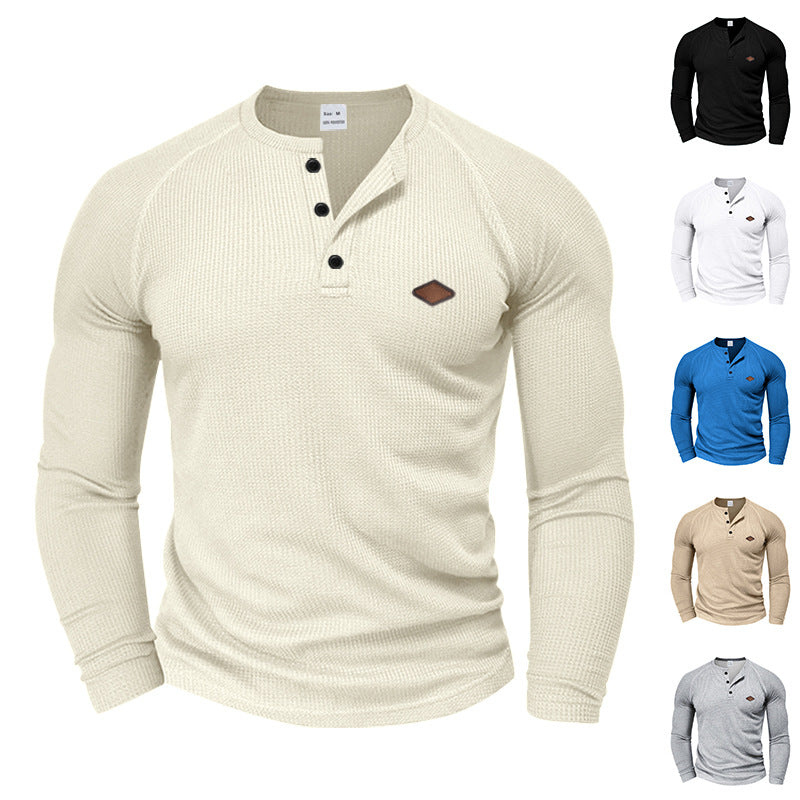 Men's structured waffle Henley shirt with short button placket, raglan sleeves, and leather patch StylebySassy
