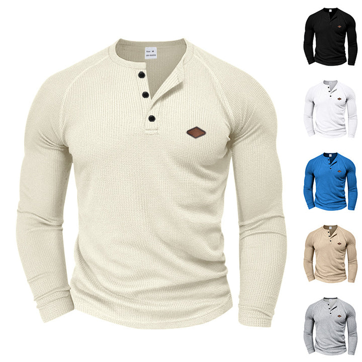 Men's structured waffle Henley shirt with short button placket, raglan sleeves, and leather patch StylebySassy
