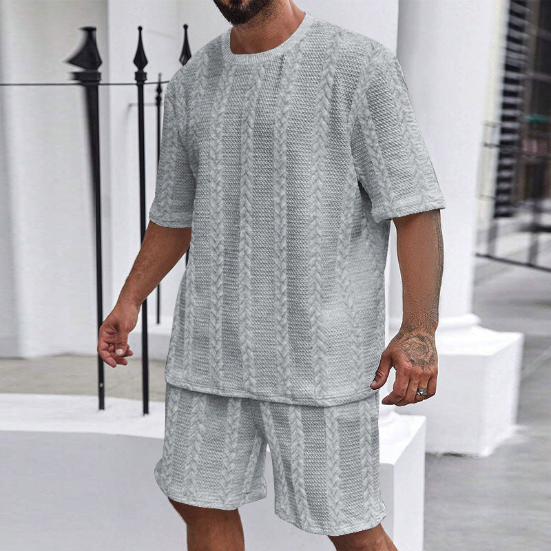 Men's relaxed braid-knit leisure set with wide short-sleeve shirt and elastic Bermuda StylebySassy