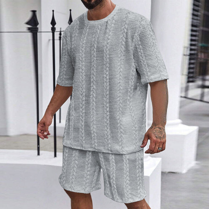Men's relaxed braid-knit leisure set with wide short-sleeve shirt and elastic Bermuda StylebySassy