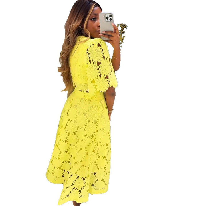 Ladies two-piece guipure lace set with cropped blouse and flared midi skirt StylebySassy