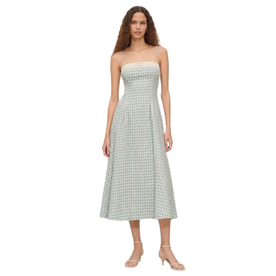 Women's Vintage-inspired Midi Dress with Slim Spaghetti Straps, Lace Insert and Flared Skirt StylebySassy