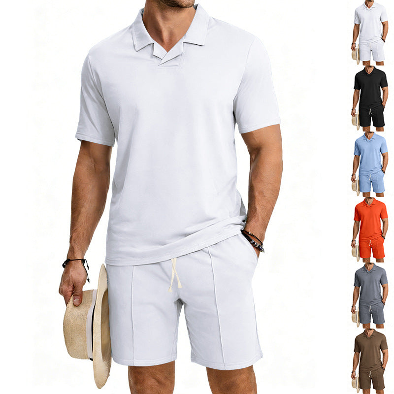 Men's short-sleeved polo lounge set with V-insert at the collar and drawstring bermuda StylebySassy