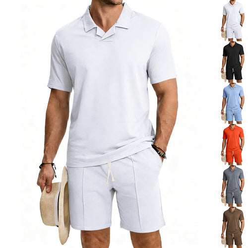 Men's short-sleeved polo lounge set with V-insert at the collar and drawstring bermuda StylebySassy