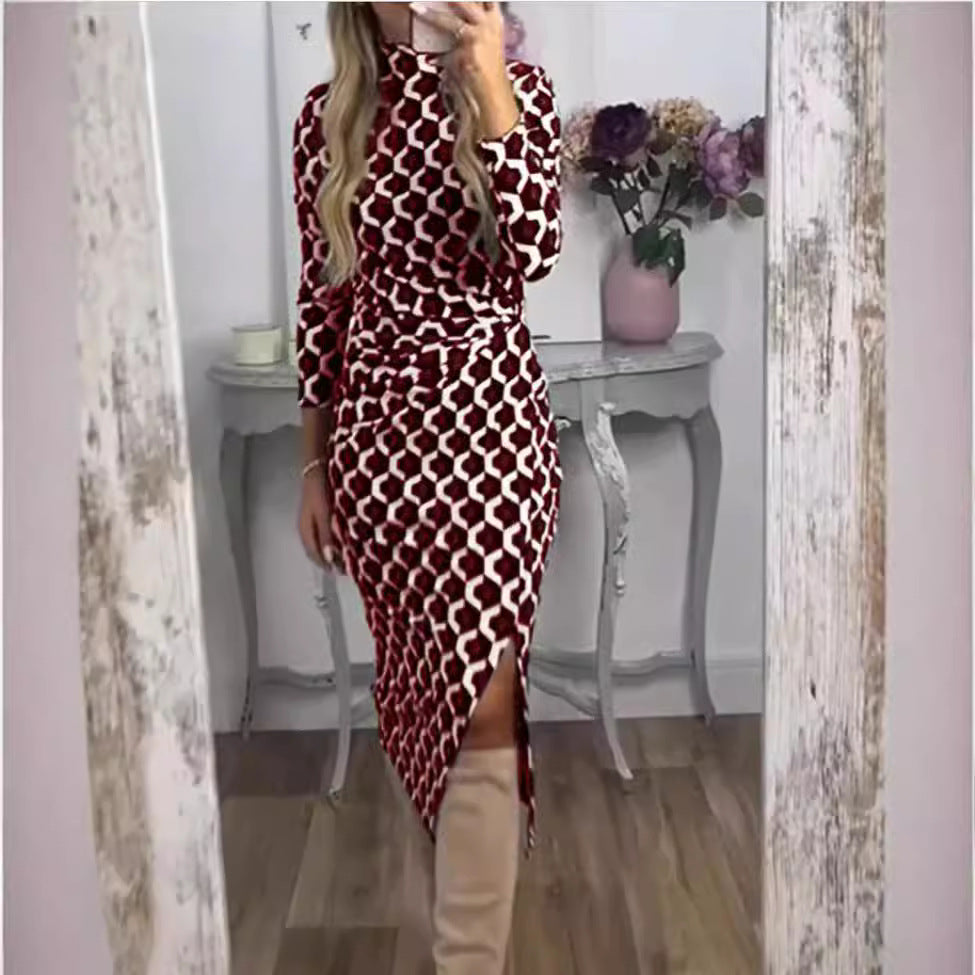 Women's narrow cut midi dress with geometric print, gathered waist and asymmetric slit StylebySassy
