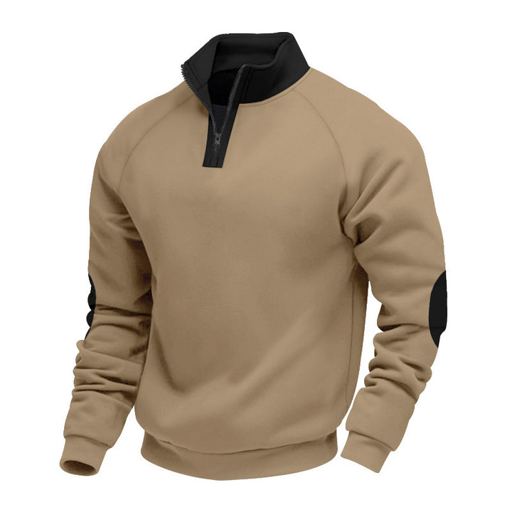 Men's half-zip fleece pullover with stand-up collar raglan sleeves and elbow patches StylebySassy