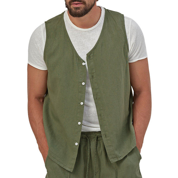 Men's casual sleeveless shirt waistcoat made of linen-cotton blend with V-neck and full button placket StylebySassy