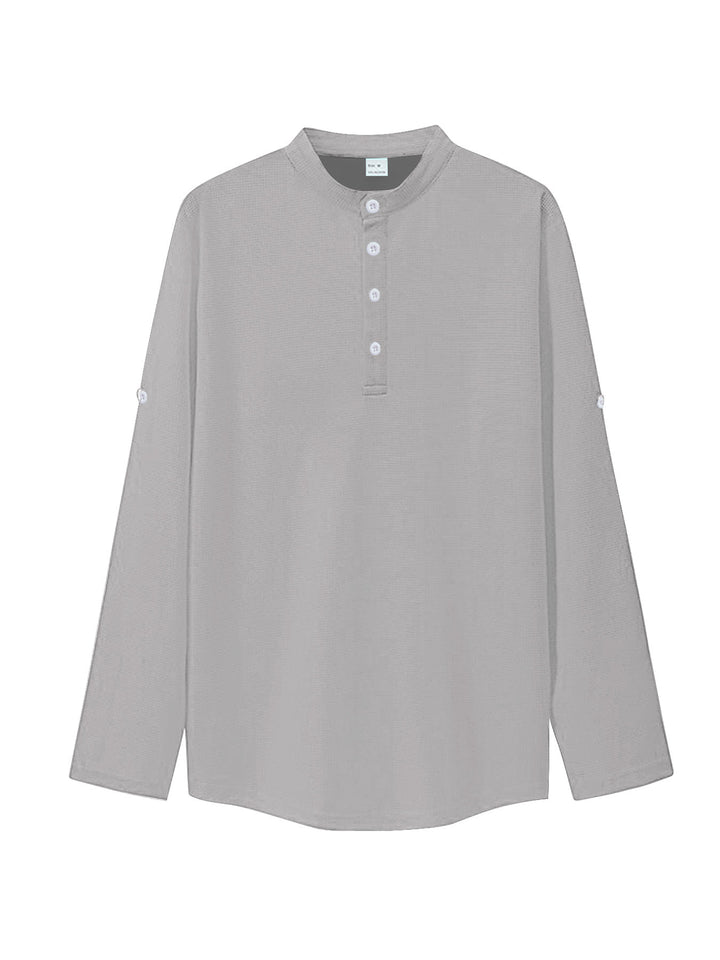 Women's oversized long sleeve Henley with stand-up collar waffle texture and sleeve fastening StylebySassy