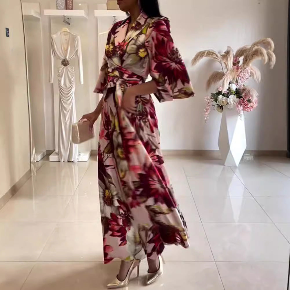 Ladies nan maxi dress with shawl collar, kimono sleeves and waist-defining tie belt StylebySassy
