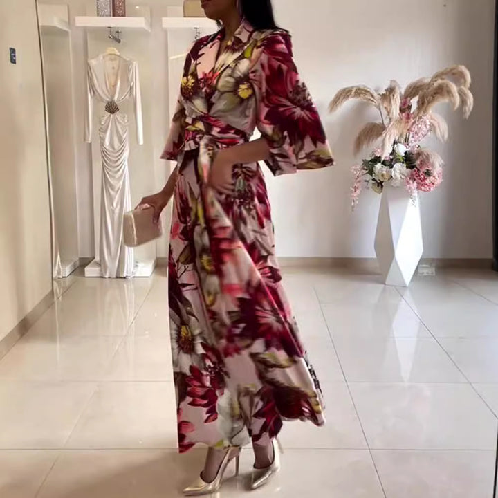 Ladies nan maxi dress with shawl collar, kimono sleeves and waist-defining tie belt StylebySassy
