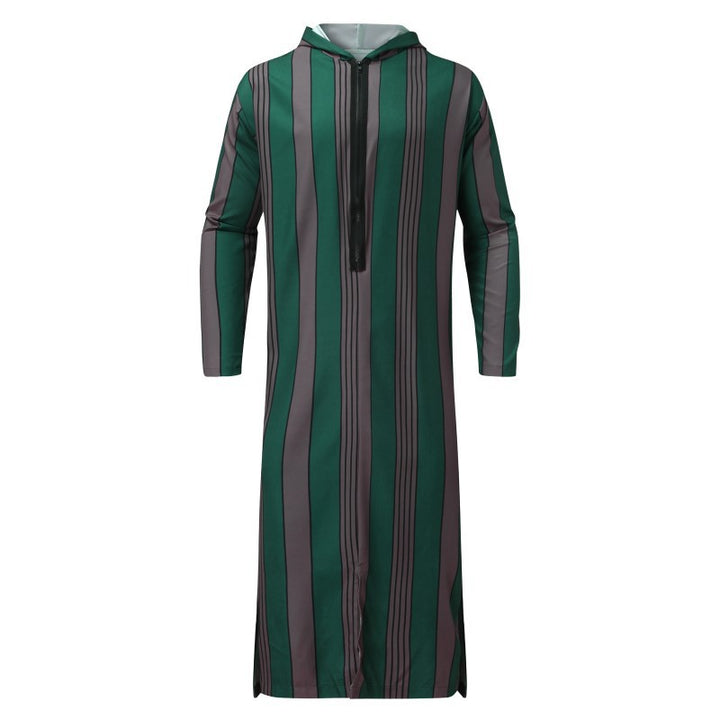 Men's slim hoodie robe with vertical stripe structure zipper and side slits StylebySassy