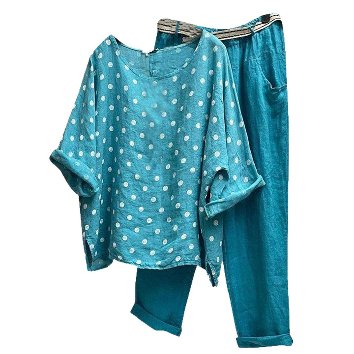 Women's Linen Loungewear Set with Polka Dot Oversized Tunic and Elastic Waist Pants StylebySassy