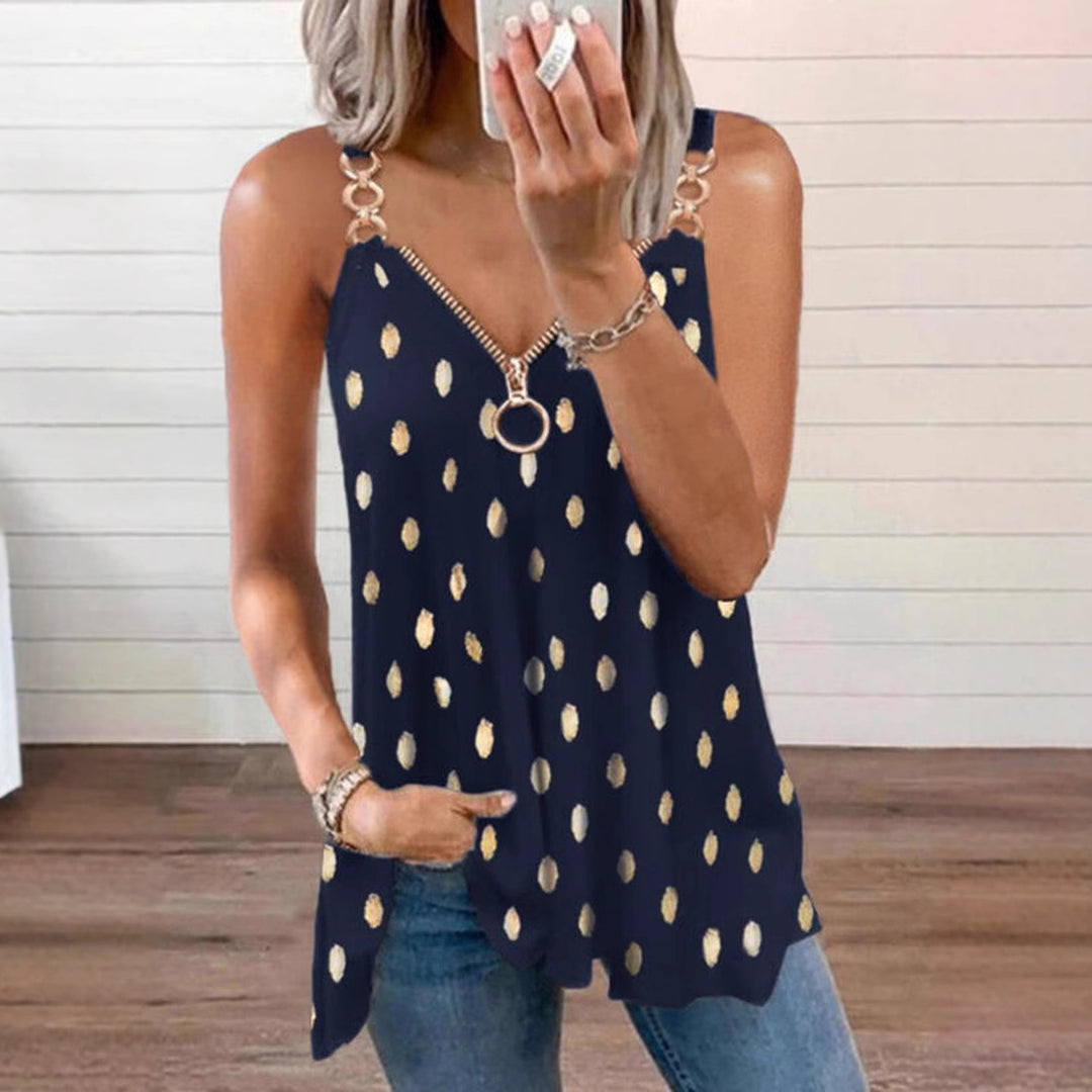 Women's lightweight tank top with O-ring zipper, chain strap detail, and metallic dots StylebySassy