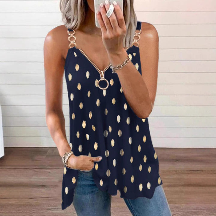 Women's lightweight tank top with O-ring zipper, chain strap detail, and metallic dots StylebySassy