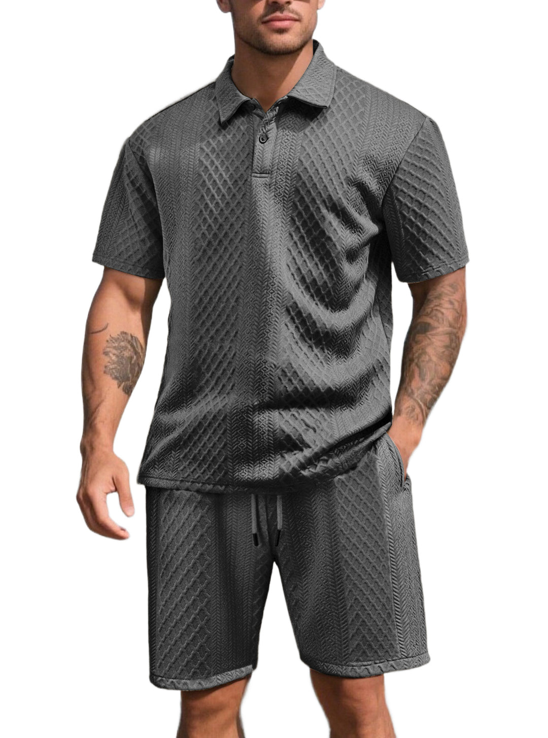 Men's three-dimensional relief leisure set with polo collar, concealed button placket and elastic drawstring shorts StylebySassy