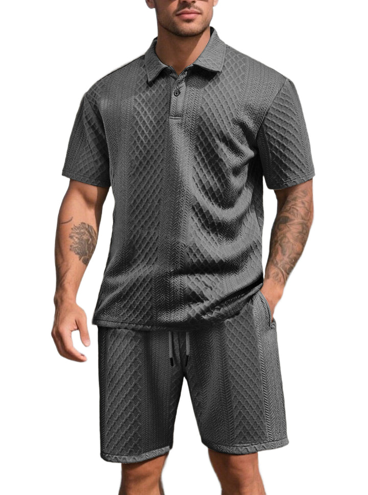 Men's three-dimensional relief leisure set with polo collar, concealed button placket and elastic drawstring shorts StylebySassy