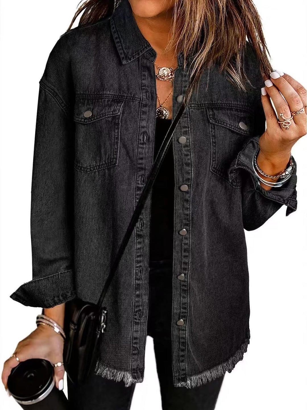 Women's Collared Button Front Jacket with Frayed Hem