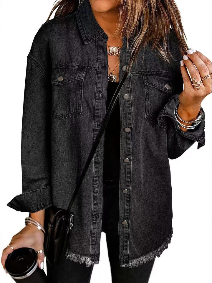 Women's Collared Button Front Jacket with Frayed Hem