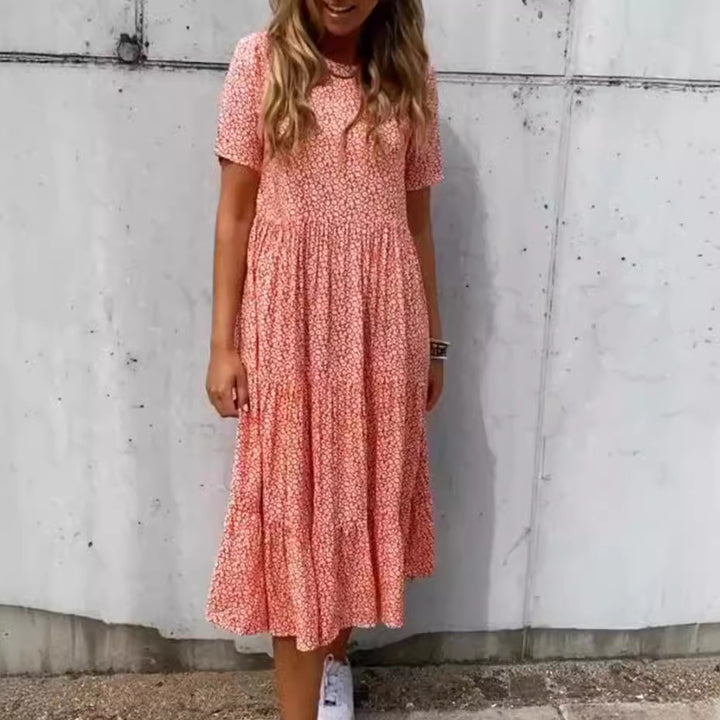Women's light midi dress with gathered waist, short sleeves, and multilayered tiered skirt StylebySassy