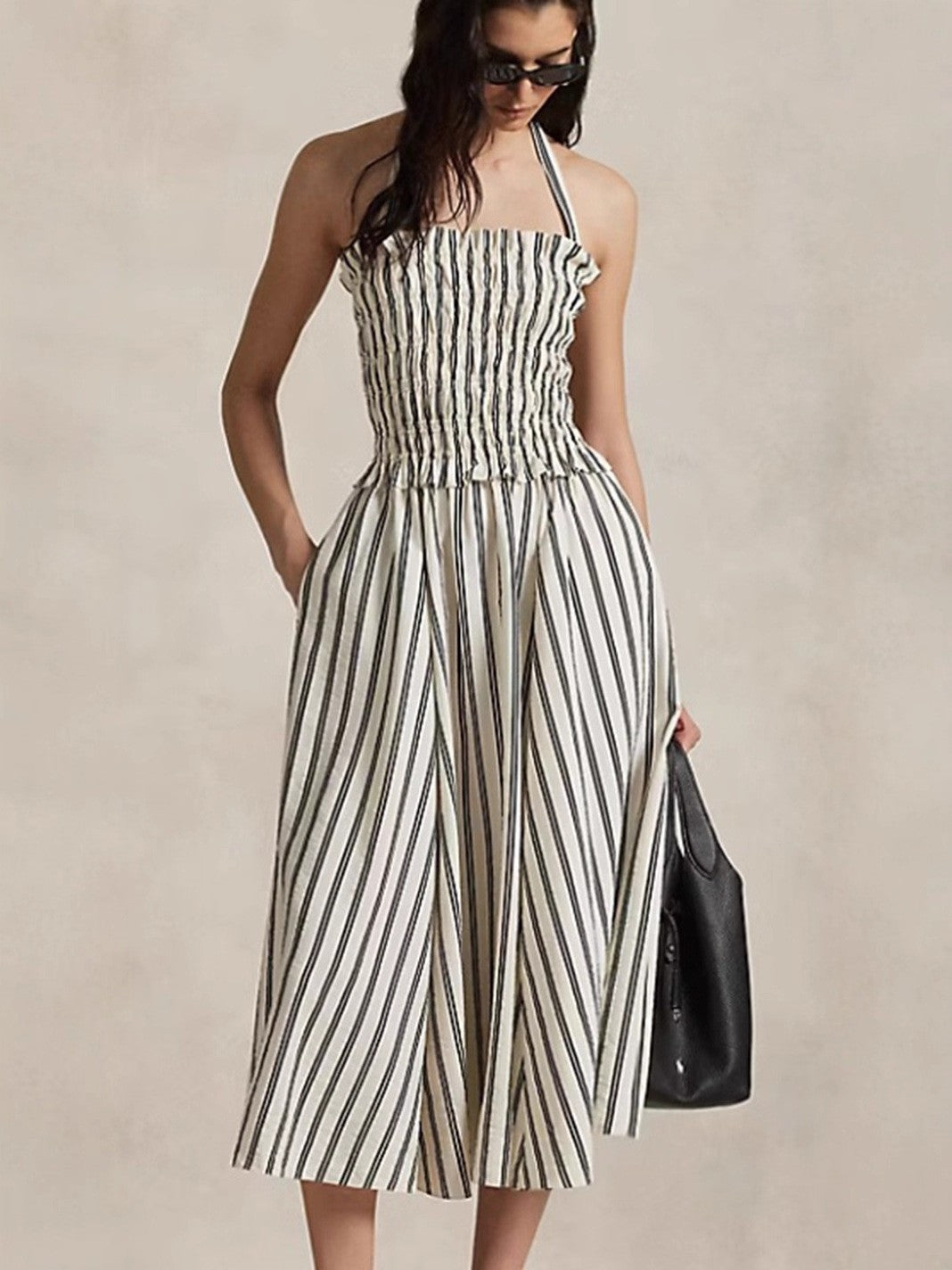 Women's midi dress with gathered smock top, removable halter neck and side pockets StylebySassy
