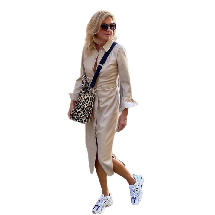 Women's nan figurnah button-up midi dress with waist tie belt, flounce cuffs and discreet front slit StylebySassy
