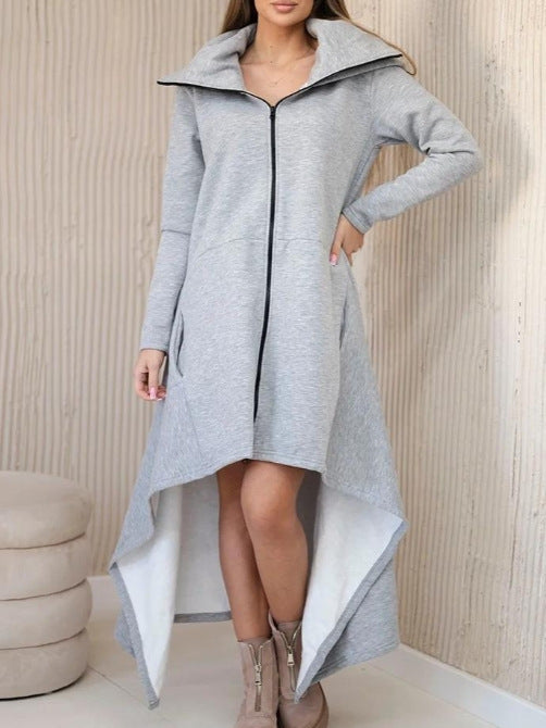 Women's nan asymmetrical sweatshirt dress with high stand-up collar, full-length zipper and extended back hem StylebySassy