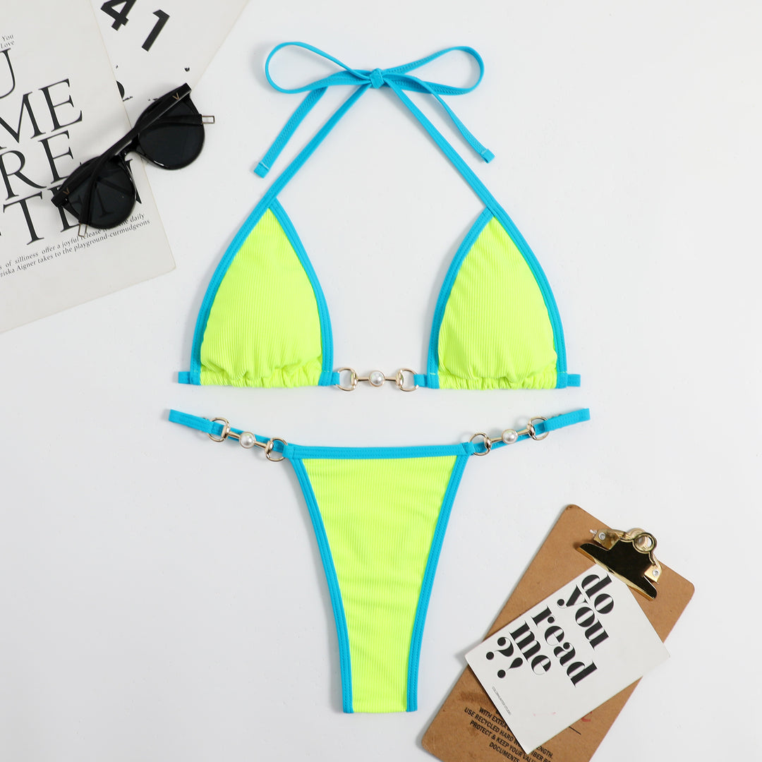 Women's triangle bikini with fashionable ribbed design and decorative elements StylebySassy