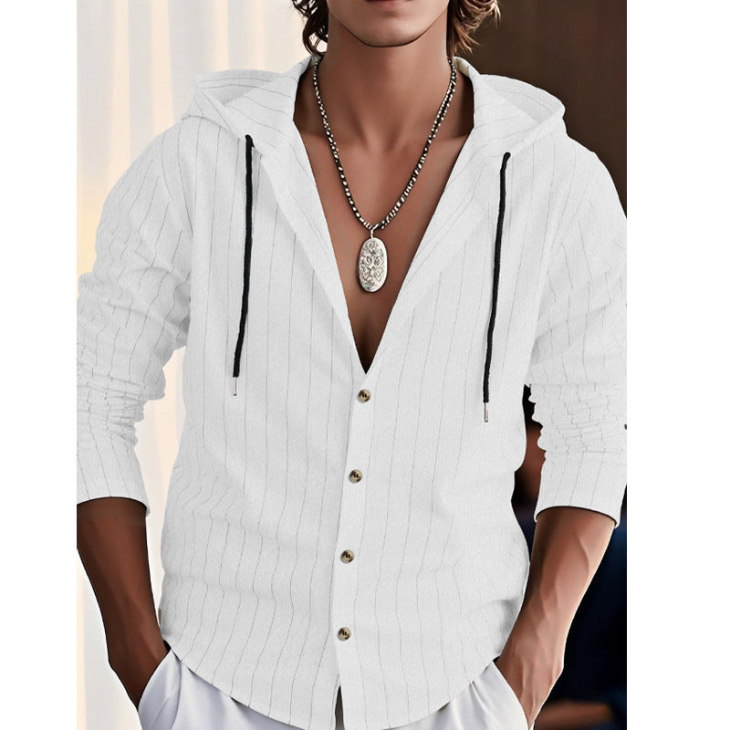 Men's modern hooded shirt with slim fit, continuous button placket, and fine pinstripe structure StylebySassy