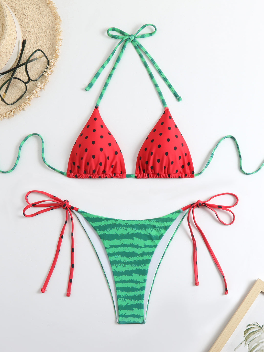 Women's triangle bikini with playful fruit design and adjustable straps StylebySassy