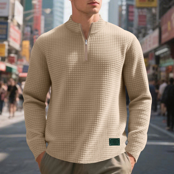 Men's nano lightweight waffle knit pullover with short collar zipper and rounded hem StylebySassy
