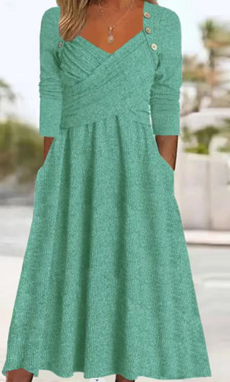 Women's knitted maxi dress with wrap top V-neck, side pockets and decorative button placket StylebySassy