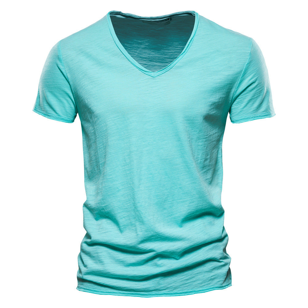 Men's light cotton jersey short-sleeve shirt with V-neck and slim fit StylebySassy