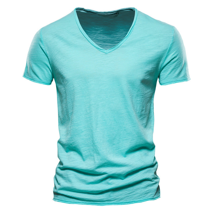 Men's light cotton jersey short-sleeve shirt with V-neck and slim fit StylebySassy