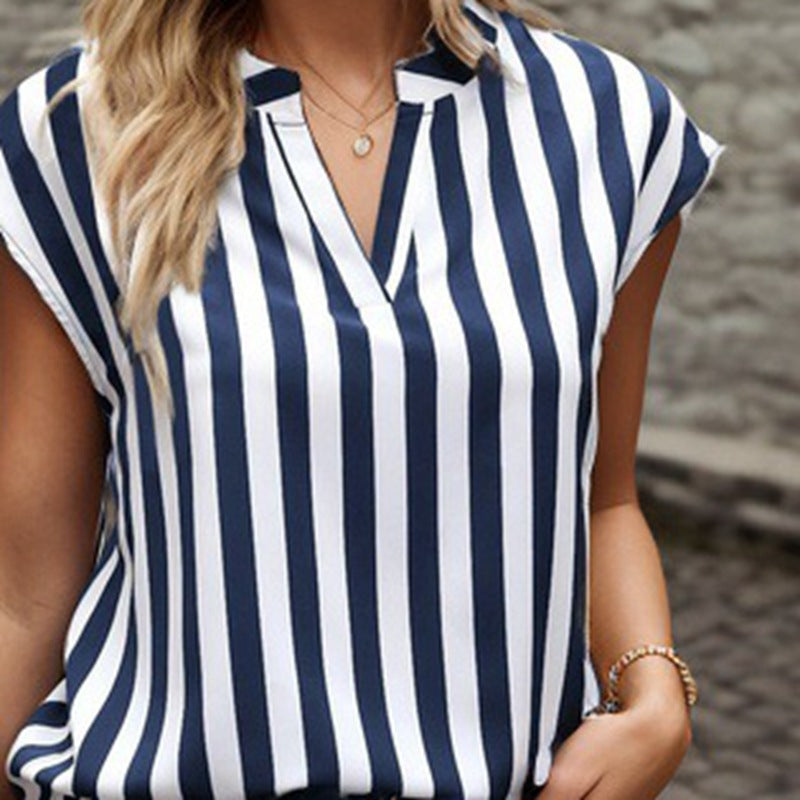 Women's striped blouse top with stand-up collar, V-neck and cap sleeves StylebySassy