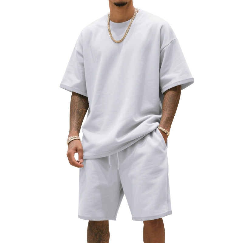 Men's relaxed jersey set with extended round neck t-shirt and elastic drawstring shorts StylebySassy