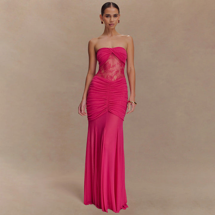Women's Strapless Maxi Dress with Refined Draping and Lace Mix StylebySassy