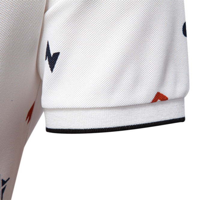 Men's short-sleeved pique polo shirt with geometric all-over print, kent collar, and contrast trim StylebySassy