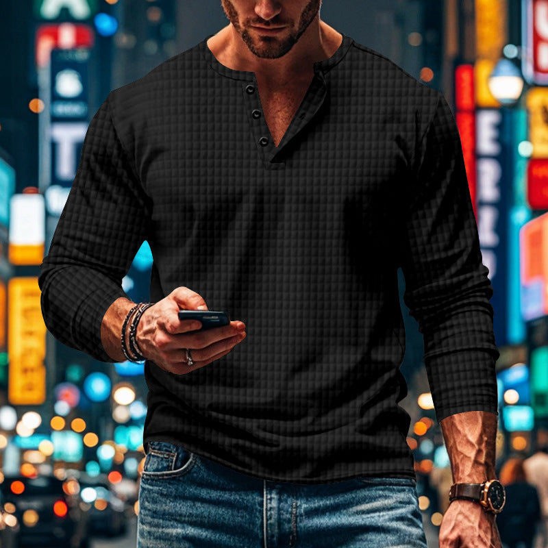 Men's fitted long-sleeve shirt with round neck button placket and waffle structure StylebySassy