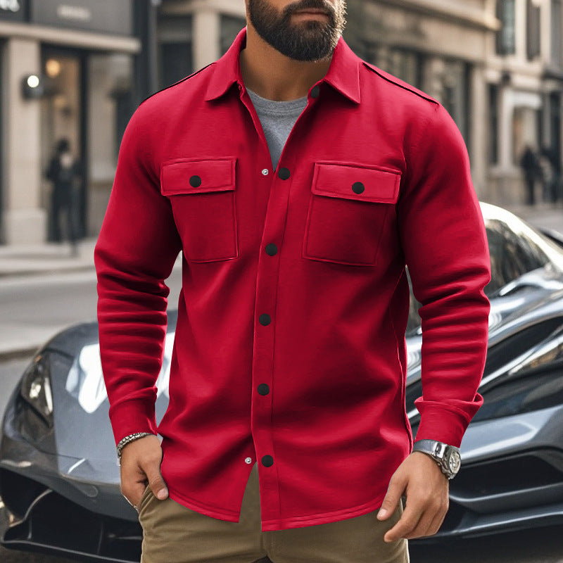 Men's fashionable overshirt jacket in felt look with patch breast pockets and visible snap button placket StylebySassy