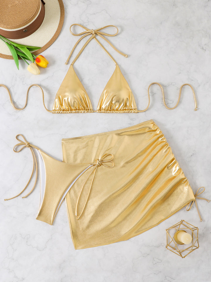 Women shimmering triangle bikini with wrap skirt StylebySassy