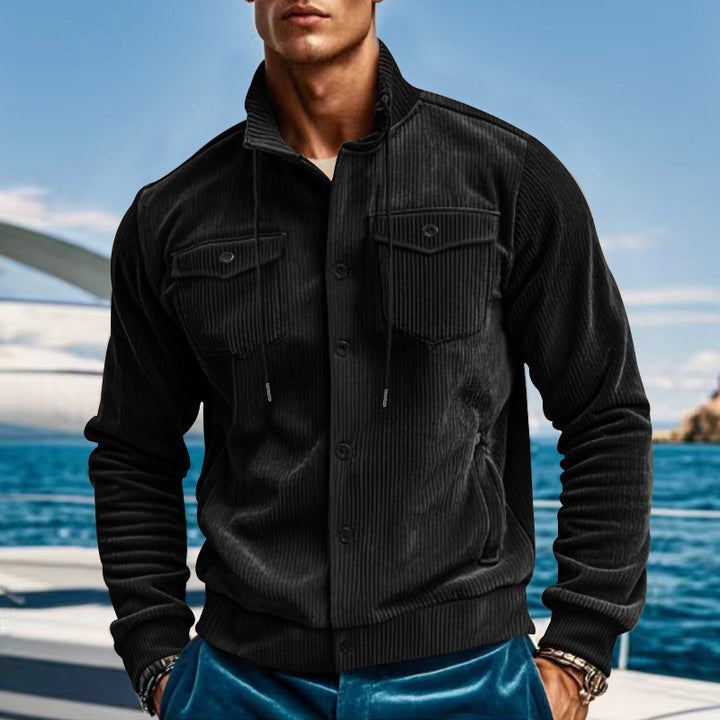 Men's casual fine ribbed cord jacket with stand-up collar, chest pockets and elastic hem StylebySassy