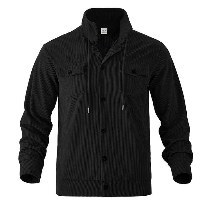 Men's functional cord shirt jacket with high stand collar, drawstring, and patch pockets StylebySassy