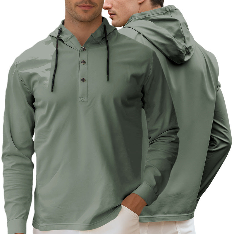 Men's Hooded Henley Long Sleeve Shirt made of lightweight stretch jersey with drawstring StylebySassy