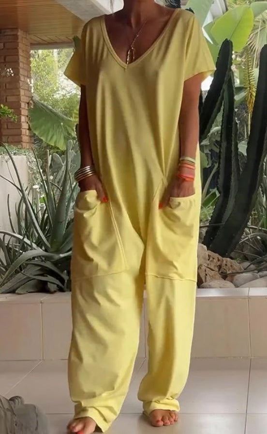 Women's comfortable oversized jumpsuit with V-neck, deep crotch and inset pockets StylebySassy