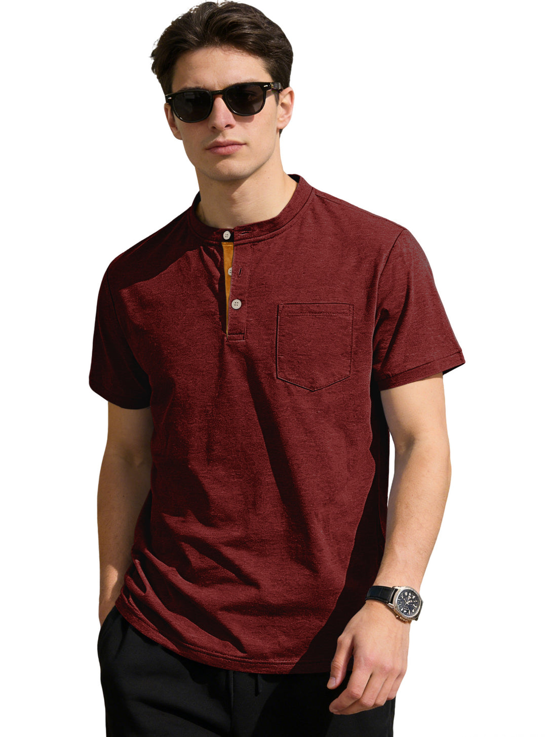 Men's structured cotton henley shirt with short stand-up collar button placket and chest pocket StylebySassy