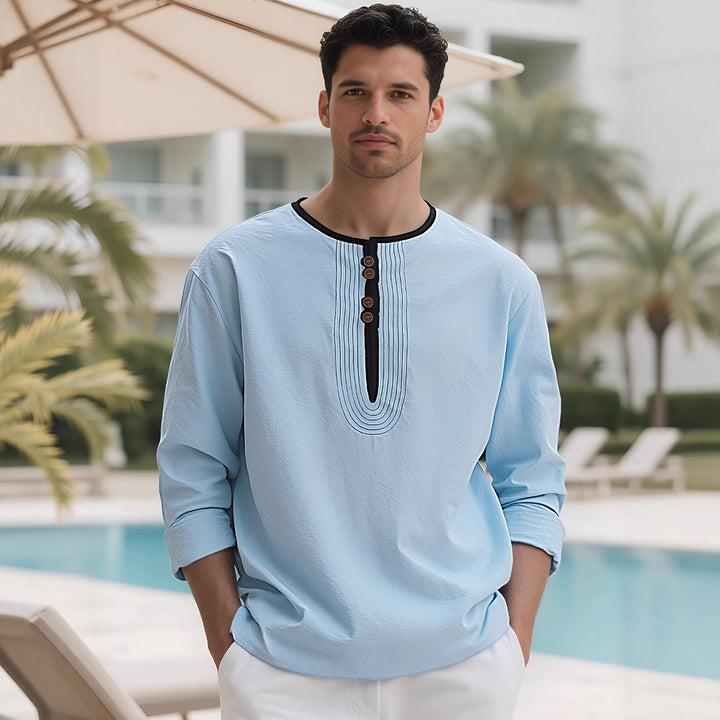 Men's loosely cut long sleeve kurta top with decorative pleats and wooden button placket StylebySassy