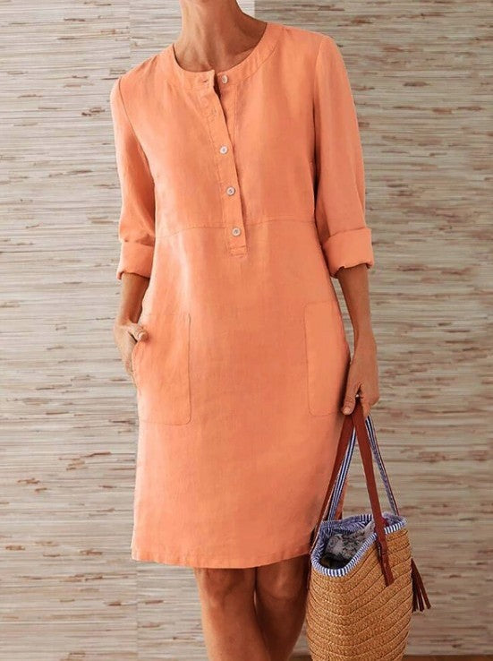 Women’s Lightweight Linen Dress with Practical Pockets and Trendy Button Design StylebySassy